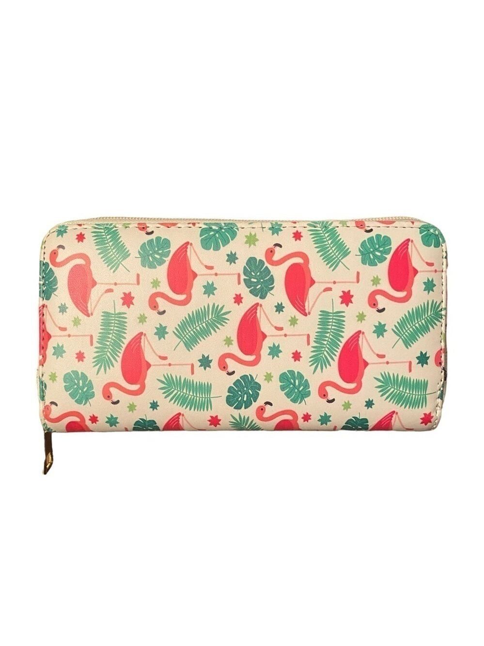 2/$15 Ardene White Wallet with Pink Flamingos and Green Leaves